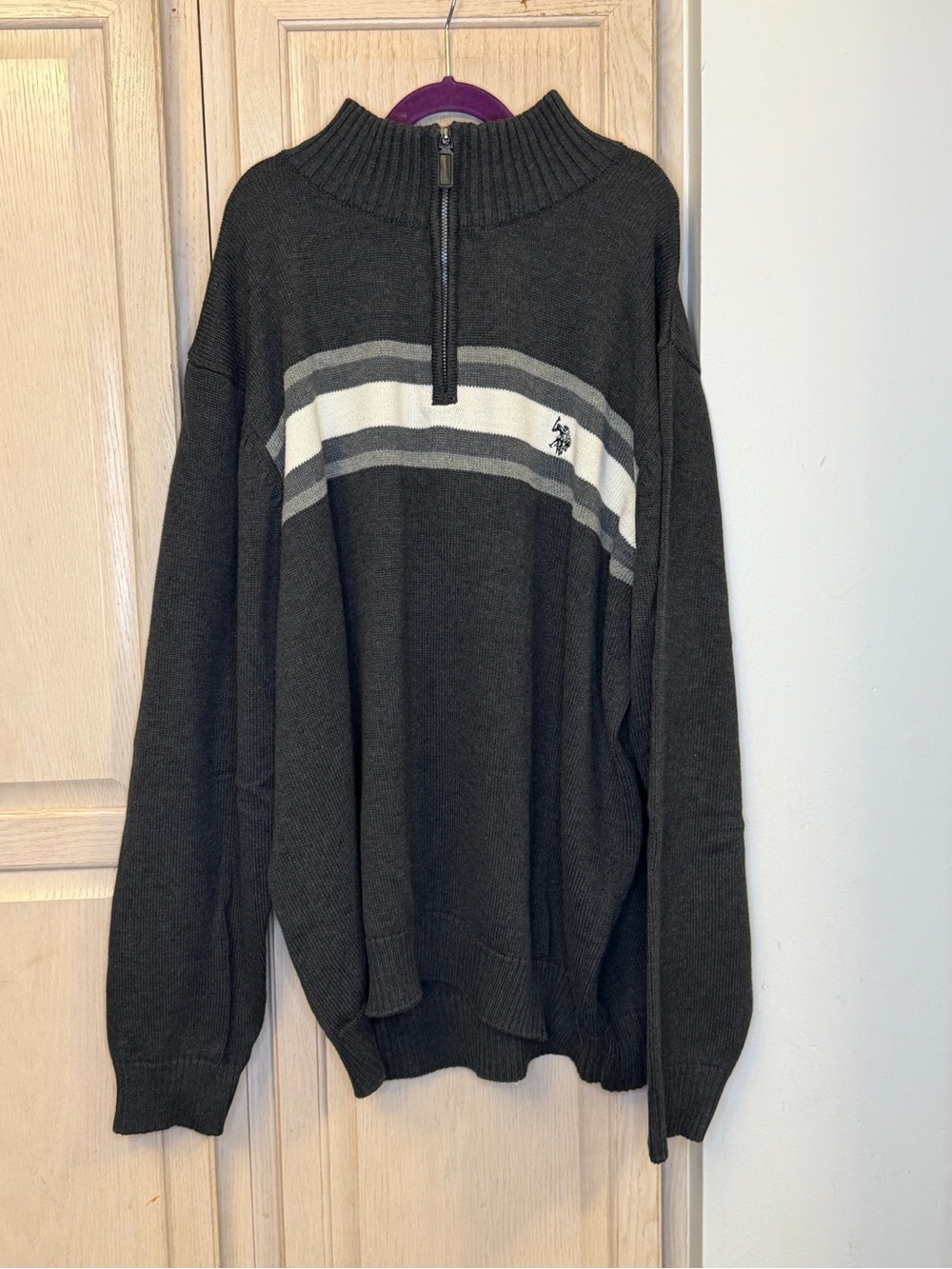 U.S. Polo Assn. Dark Gray Half-Zip Sweater with White and Light Gray Stripes